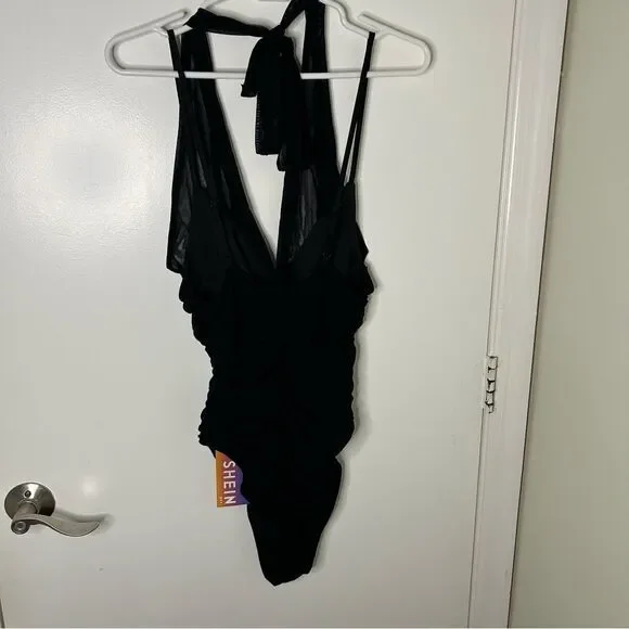 Sexy black cross halter ruched bodysuit | medium | NWT - Picture 8 of 10